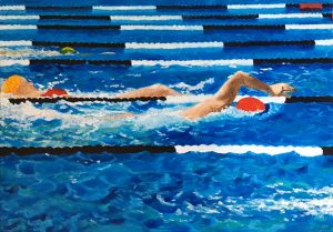 Painting of two swimmers doing leangths called Back to Front by Banx 1300x900mm MC6771 $135+GST/month short-term $81+GST/month long-term. $2,970 to buy