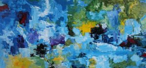 Abstract painting in blues called Blue Sapphire by Banx 2150x1000mm MC6735 $245+GST/month short-term $147+GST/month long-term. $5,395 to buy
