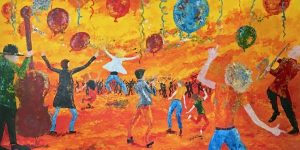 Painting of dancing and music called Celebration by Banx 1800x900mm MC6804 $185+GST/month short-term $111+GST/month long-term. $4,070 to buy