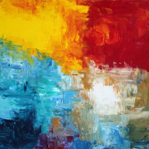 Abstract painting in yellow, red and aqua called Chameleon by Banx 800x800mm MC6748 $75+GST/month short-term $45+GST/month long-term. $1,650 to buy