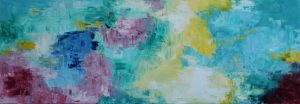 Abstract painting in aqua, yellow and magenta called Cool Waters by Banx 1500x500mm MC6705 $86.25+GST/month short-term $51.75+GST/month long-term. $1,898 to buy