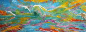 Abstract painting of a reclining nude called Dreamy Sunday by Banx 1520x600mm MC6634 $99+GST/month short-term $59.40+GST/month long-term. $2,178 to buy