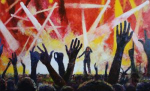 painting of a band with hands raised in forground called Festival Hall #1 by Banx 2000x1200mm MC6776 SOLD