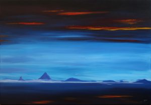 Painting of the Glasshouse Mts in Queensland at dusk called Glasshouse by Banx 1300x900mm MC6638 $135+GST/month short-term $81+GST/month long-term. $2,970 to buy