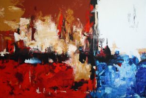 Abstract painting - red, blue, white brown called Heating it Up by Banx 1500x1000mm MC6263 - SOLD