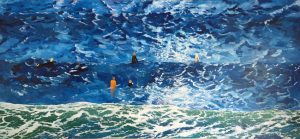Painting of surfers sitting on their boards waiting for waves called High Rollers by Banx 2200x1000mm MC6803 $245+GST/month short-term $147+GST/month long-term. $5,390 to buy