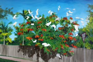 Painting of a flock nof cockatoos called Local Mob (Moffat Beach) by Banx 1500x1000mm MC6645 $165+GST/month short-term $99+GST/month long-term. $3,630 to buy