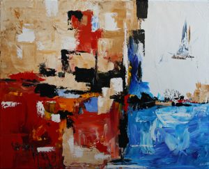 Abstract painting in blue, red, white and ochre called Restless by Banx 750x600mm MC6265 $40+GST/month short-term $24+GST/month long-term. $880 to buy