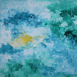 Abstract driptych painting in aqua called Rise and Shine 1 by Banx 1000x1000mm MC6698 $115+GST/month short-term $69+GST/month long-term. $2,530 to buy