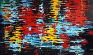 Painting of nighttime reflactions in Brisbane River called River Reflections by Banx 2000x1200mm MC6434 $275+GST/month short-term $165+GST/month long-term. $6,050 to buy