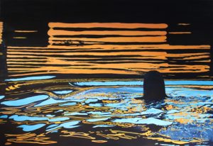 Painting of girl in a pool at dusk called Serendip 1300x900mm MC 6640 $165+GST/month short-term $99+GST/month long-term. $3,630 to buy