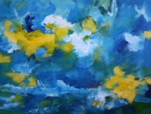 Abstract painting in blues and yellow called Silver Lining by Banx 1200x900mm MC6522 $125+GST/month short-term $75+GST/month long-term. $2,750 to buy