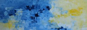 Abstract painting in blue and yellow called Summer by Banx 1500x500mm MC6706 $86.25+GST/month short-term $51.75+GST/month long-term. $1,898 to buy