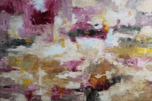 Abstract painting in magenta and ochre called Tapestry by Banx 1500x1000mm MC6672 $172.50+GST/month short-term $103.50+GST/month long-term. $3,795 to buy
