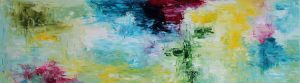 Abstract painting in multi colours called Village Pond by Banx 1800x500mm MC6684 $105+GST/month short-term $63+GST/month long-term. $2,310 to buy