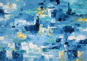 Abstract painting in blue and yellow called Virtual Reality by Banx 1300x900mm MC6680 $145+GST/month short-term $87+GST/month long-term. $3,190 to buy