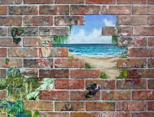Painting of a brick wall with a view through it of the beach called Writing's on the Wall by Banx 1200x900mm MC6782 $125+GST/month short-term $75+GST/month long-term. $2,975 to buy