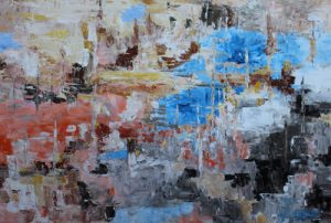 Abstract painting in browns and blue called Coastal Creek by Banx 1500x1000mm MC6703 $172.50+GST/month short-term $103.50+GST/month long-term. $3,795 to buy
