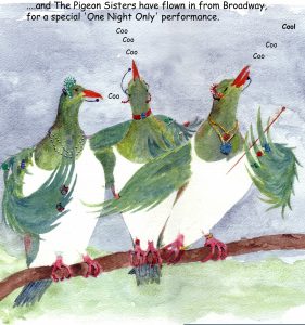 Watercolour illustration of the The Pigeon Sisters in the childrens book called Meg A Feather and the Forest Games.
