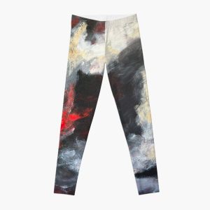 Leggings with Firelight print on them by Banx, charcoal, cream and red sold by Redbubble