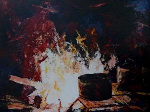 Painting of camp fire called A la Carte at MacDonnells - Ruby Gap 2013 by Banx 1200x900mm MC6598 $125+GST/month short-term $75+GST/month long-term. $2,750 to buy