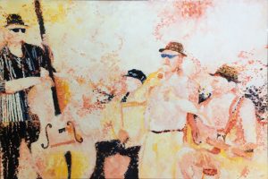 Painting of four Jazz players - impressionist style called All that Jazz by Banx150x100cm MC6769 $172.50+GST/month short-term $103.50+GST/month long-term. $3,795 to buy