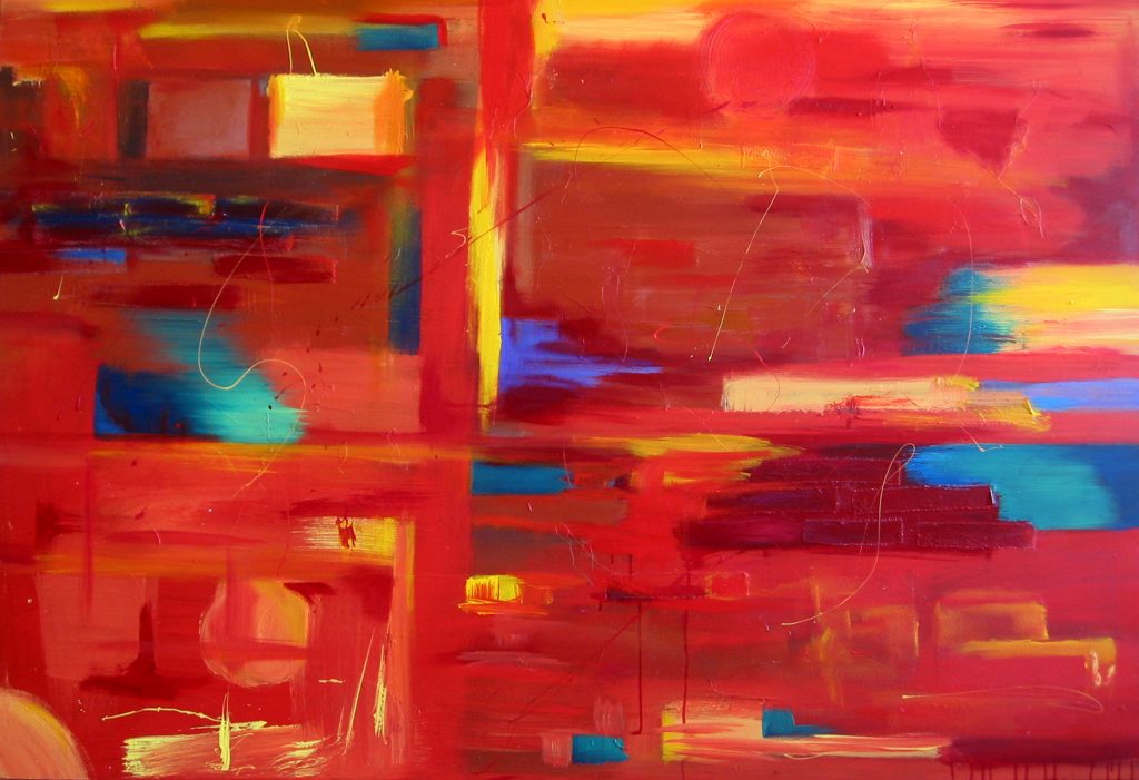 Abstract painting in red called Another Brick by Banx 1800x1200mm MC5423 $245+GST/month short-term $147+GST/month long-term. $5390 to buy