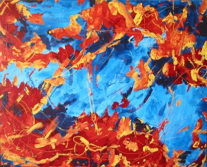 Abstract painting in blue and orange called Another Dimension by Banx 1200x900mm MC5055 $60+GST/month short-term $36+GST/month long-term. $1,320 to buy