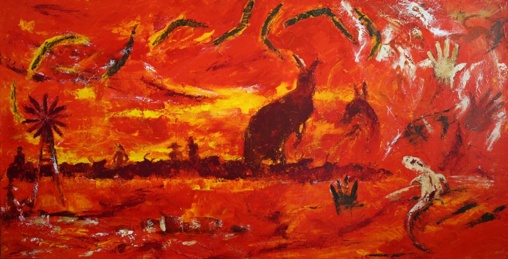 Abstract painting of outback scene called Back of Beyond by Banx 1830x920mm MC6125 $185+GST/month short-term $111+GST/month long-term. $4,070 to buy