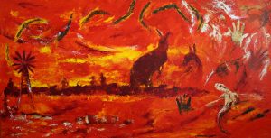 Abstract painting of outback scene called Back of Beyond by Banx 1830x920mm MC6125 $185+GST/month short-term $111+GST/month long-term. $4,070 to buy