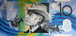 Painting of ten dollar note called Ten Bux - Banjo Paterson by Banx 1380x560mm MC6083 $125+GST/month short-term $75+GST/month long-term. $2,750 to buy