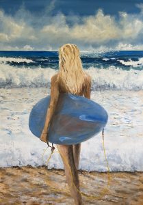 Painting of a blond furfer girl entering the surf with board Betty by Banx 900x1300mm MC6821 $135+GST/month short-term $81+GST/month long-term. $2,970 to buy