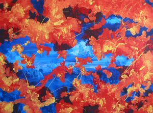 Abstract painting in orange and blue called Butterfly Effect 13 by Banx 1400x1000mm MC5511 $112.50+GST/month short-term $67.50+GST/month long-term. $2,475 to buy