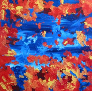 Abstract painting in orange and blue called Butterfly Effect 14 by Banx 1000x1000mm MC5578 $115+GST/month short-term $69+GST/month long-term. $2530 to buy