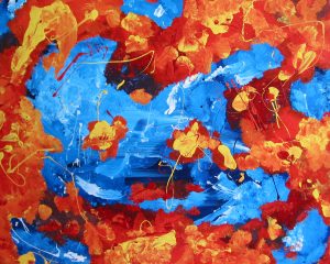 Abstract painting in blue and orange called Butterfly Effect 6 by Banx 750x600mm MC51181 SOLD