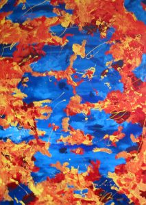 Abstract painting in blue and orange called Butterfly Effect 8 by Banx 1200x1800mm MC5145 $100+GST/month short-term $60+GST/month long-term. $2,200 to buy