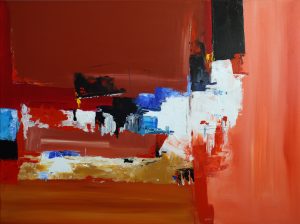 Abstract painting in brown and vermillion called Change in the Air by Banx 1200x900mm MC6264 $125+GST/month short-term $75+GST/month long-term. $2,750 to buy