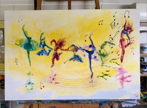 Painting called Dance Like Crazy by Banx - Serieze of 6 different dancers on yellow background 1500x1000mm MC6820