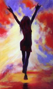 Painting of silouette woman dancing - Dance Like No One's Watching by Banx 1200x2000mm MC6816 $275+GST/month short-term $165+GST/month long-term. $6,050 to buy