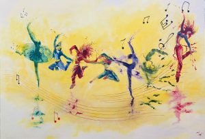 Painting of 7 dancing figures on a yellow background Dance like Crazy by Banx 1500x1000mm MC6820 $173.50+GST/month short-term $103.50+GST/month long-term. $3,795 to buy