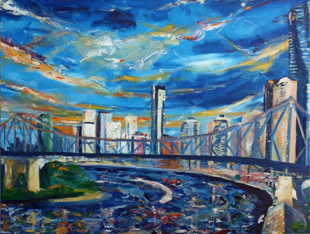 Painting of Brisbane and Story Bridge called Different Story by Banx 1200x900mm MC6557 $125+GST/month short-term $75+GST/month long-term. $2,750 to buy