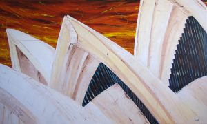 Painting of the Opera House in Sydney called Diva by Banx 2000x1200mm MC5822 $275+GST/month short-term $165+GST/month long-term. $6,050 to buy