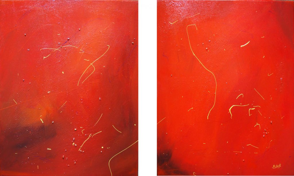 Abstract painting in red called Double Jeopardy - diptych by Banx 2x600x750mm MC5553 $75+GST/month short-term $45+GST/month long-term. $1,650 to buy