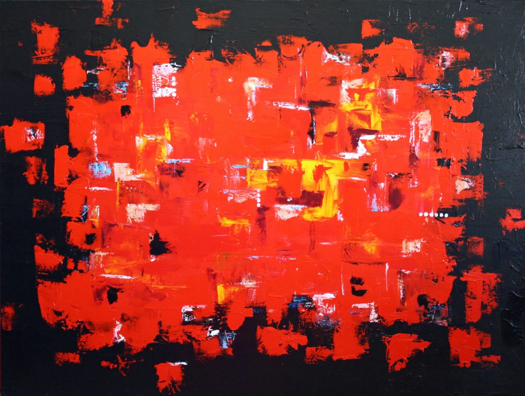 Abstract painting in red and black called Down Under by Banx 1200x900mm MC6180 $125+GST/month short-term $75+GST/month long-term. $2,750 to buy