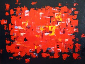 Abstract painting in red and black called Down Under by Banx 1200x900mm MC6180 $125+GST/month short-term $75+GST/month long-term. $2,750 to buy