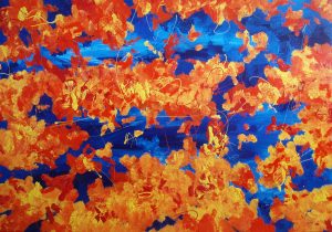 Abstract painting in orange and blue called Endless Summer by Banx 1500x1000mm MC5558 $120+GST/month short-term $72+GST/month long-term. $2,640 to buy