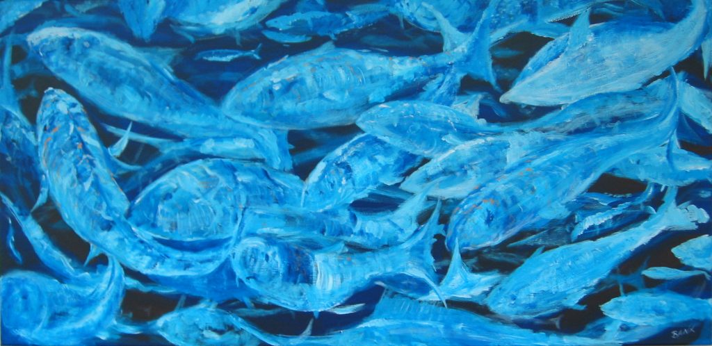 painting of fish called Fishing for Compliments by Banx 1500x750mm MC5365 $129.25+GST/month short-term $77.55+GST/month long-term. $2844 to buy