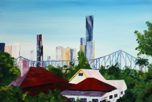 Painting of rooftops and Story Bridge, Brisbane called Home Work by Banx 1300x900mm MC6723 $135+GST/month short-term $81+GST/month long-term. $2,970 to buy
