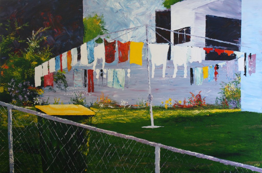 Painting of Hills Hoist with clothes drying called Hangin' Around Adeline Lane by Banx 1500x1000mm MC6602 $172.50+GST/month short-term $103.50+GST/month long-term. $3795 to buy