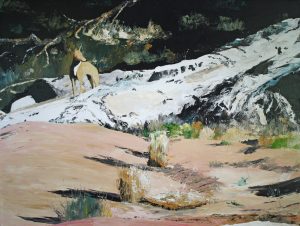 Painting of a yellow Dingo at MacDonnells Ranges called Home Turf - Yellow Dingo - Ruby Gap 2013 by Banx 1200x900mm MC6600 $125+GST/month short-term $75+GST/month long-term. $2,750 to buy